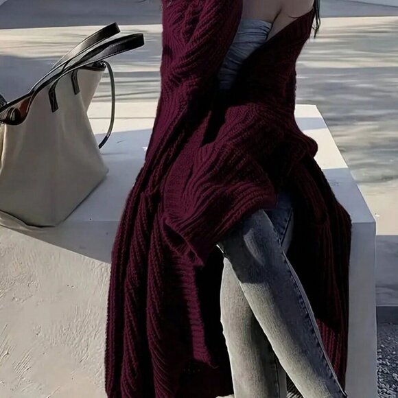 Burgundy Casual Women's Open Front Loose Knit Cardigan - Picture 2 of 3
